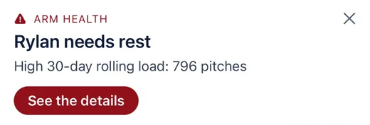 Arm health alert on the home screen: high 30-day rolling load, time to rest, with a See the details button.