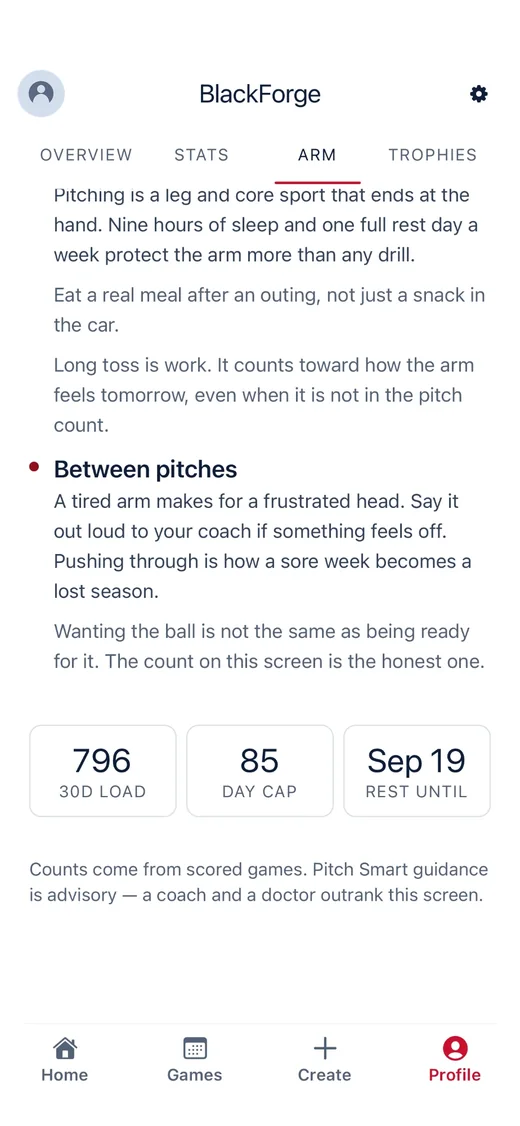 Arm care screen: 30-day load 796, an 85-pitch day cap and a rest-until date, with a note that guidance is advisory.