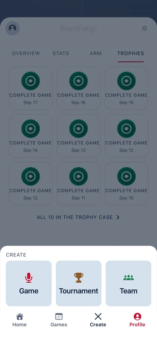 The Create menu: Game, Tournament or Team.