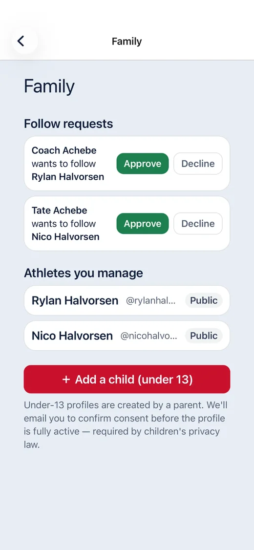 Family screen: follow requests with Approve and Decline buttons, the athletes you manage, and an option to add a child under 13.