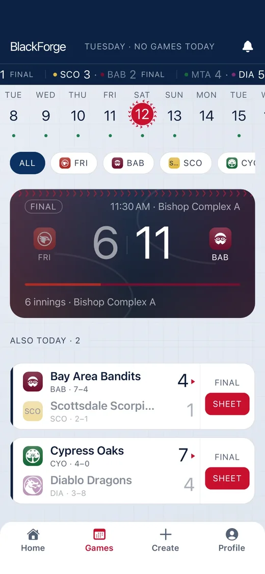 The Games tab: a week calendar, team filters and the day’s final scores.