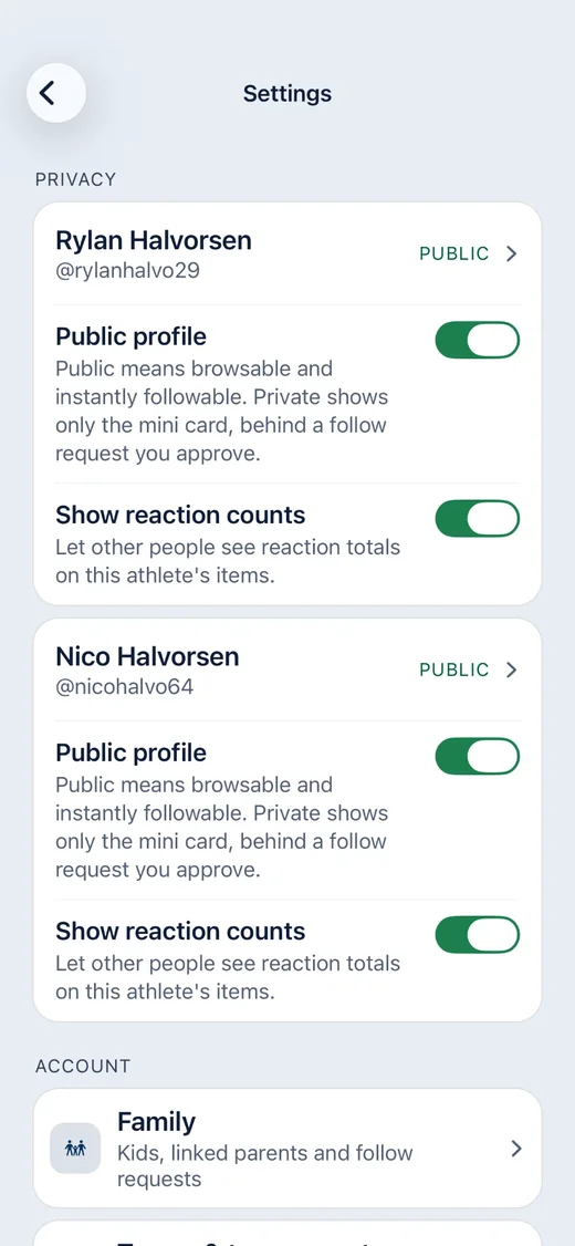 Privacy settings: a public-profile toggle and a show-reaction-counts toggle for each athlete.