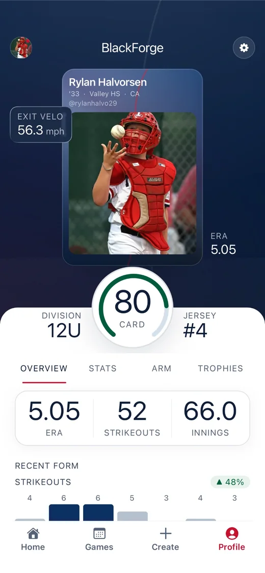 Player profile: a player card with photo, exit velocity, ERA and a card score of 80, above career totals and recent form.
